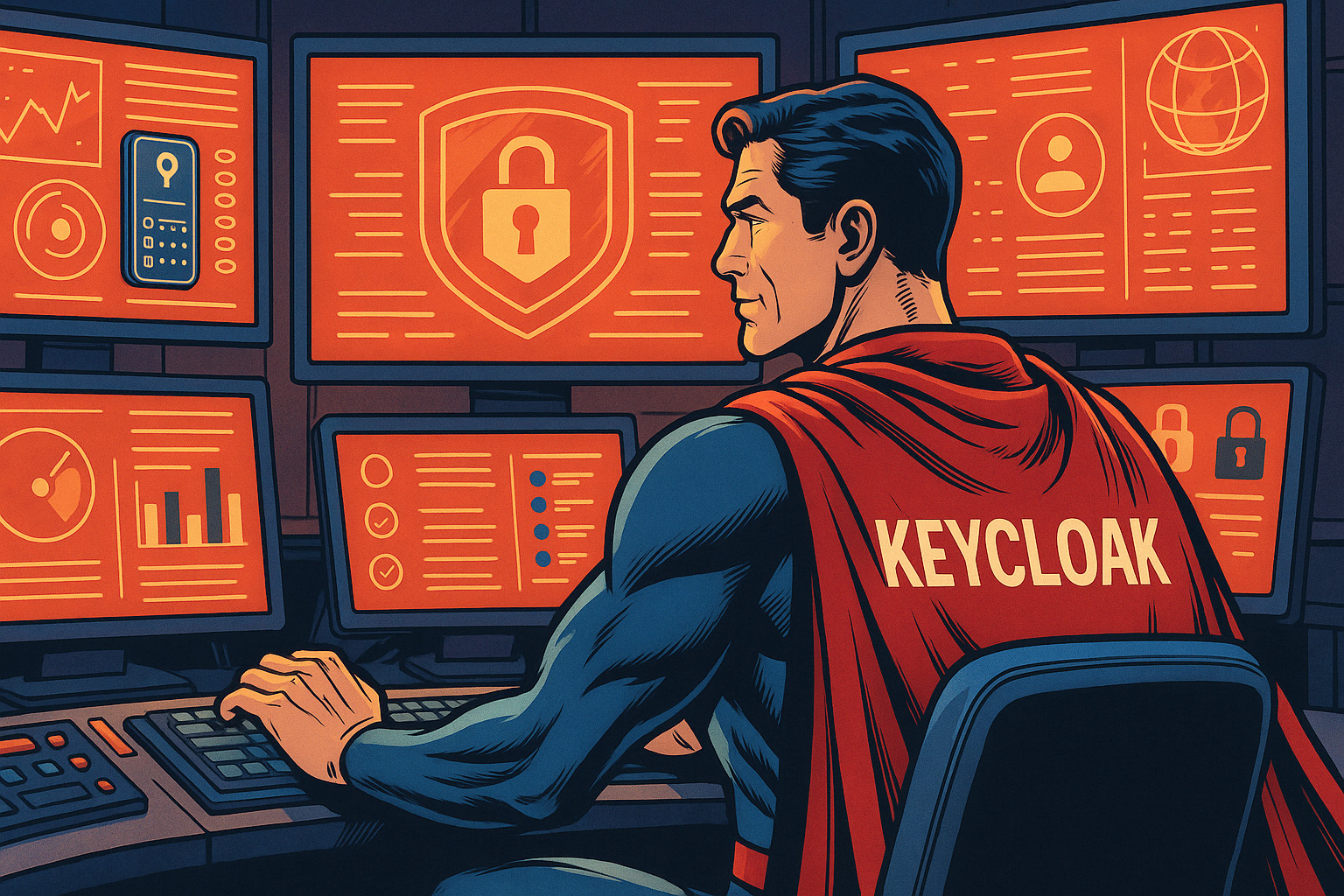 Der Keycloak Held vor einer Wand an Bildschirmen welche die Keycloak Adminoberfläche darstellt.