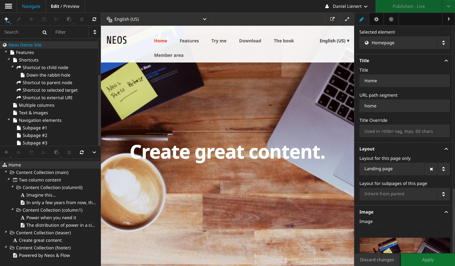 Das Neos Backend - Screenshot mit der Navigationsleiste links und dem Inspector rechts am Bildschirmrand