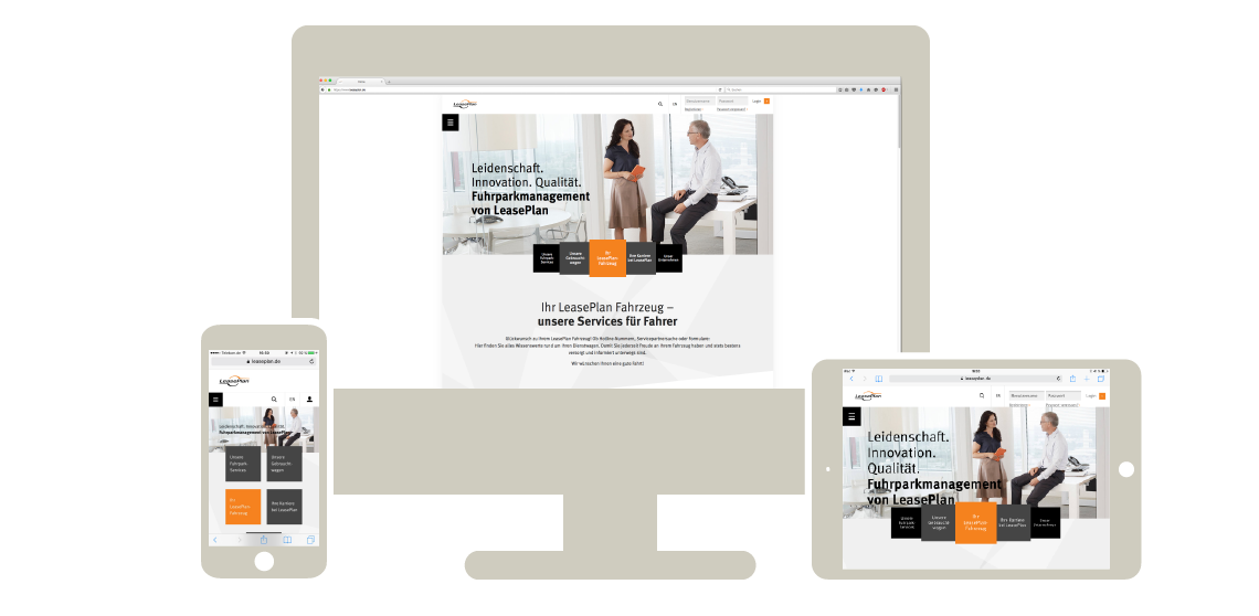 Abbild des Webdesigns von LeasePlan auf Desktop, Tablet und Smartphone