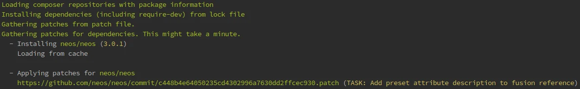 Das Terminal zeigt: Beim Aufruf von composer install wird der Patch eingefügt.