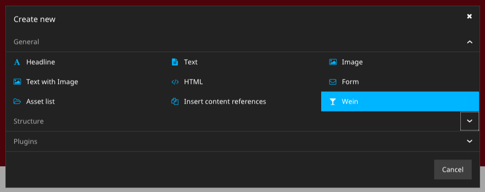 Screenshot der Integration eines neuen Inhaltselementes