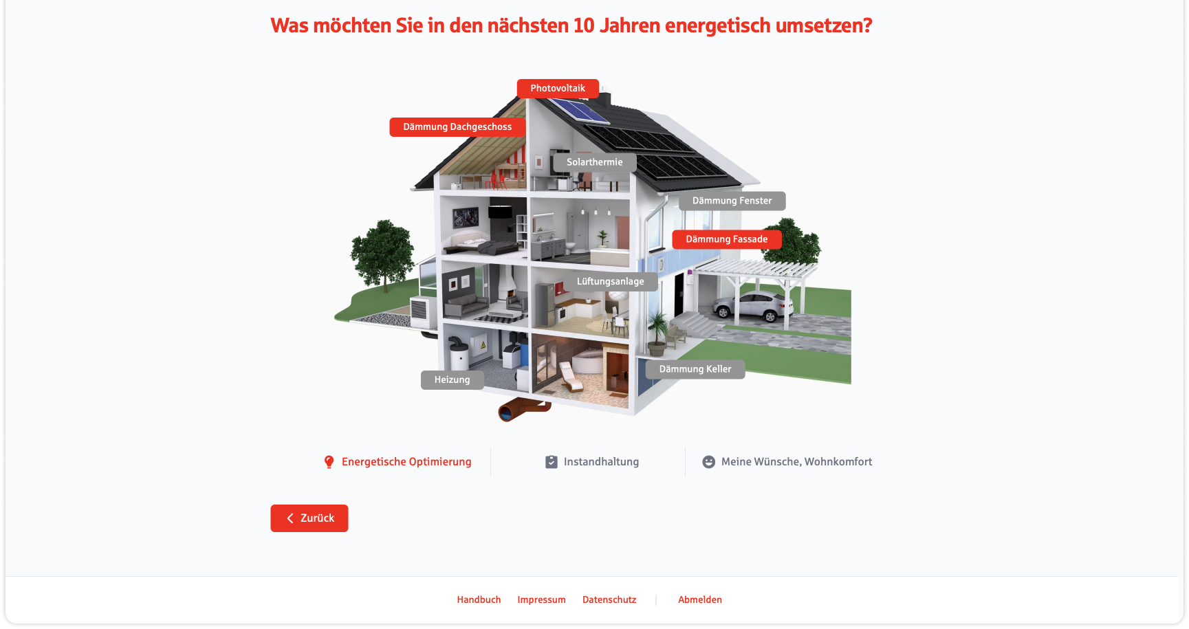 Home page of the application; you can see a rendered 3D model of a house, you can look inside the rooms through the open front; you can jump to the individual areas of the application via buttons on the illustration