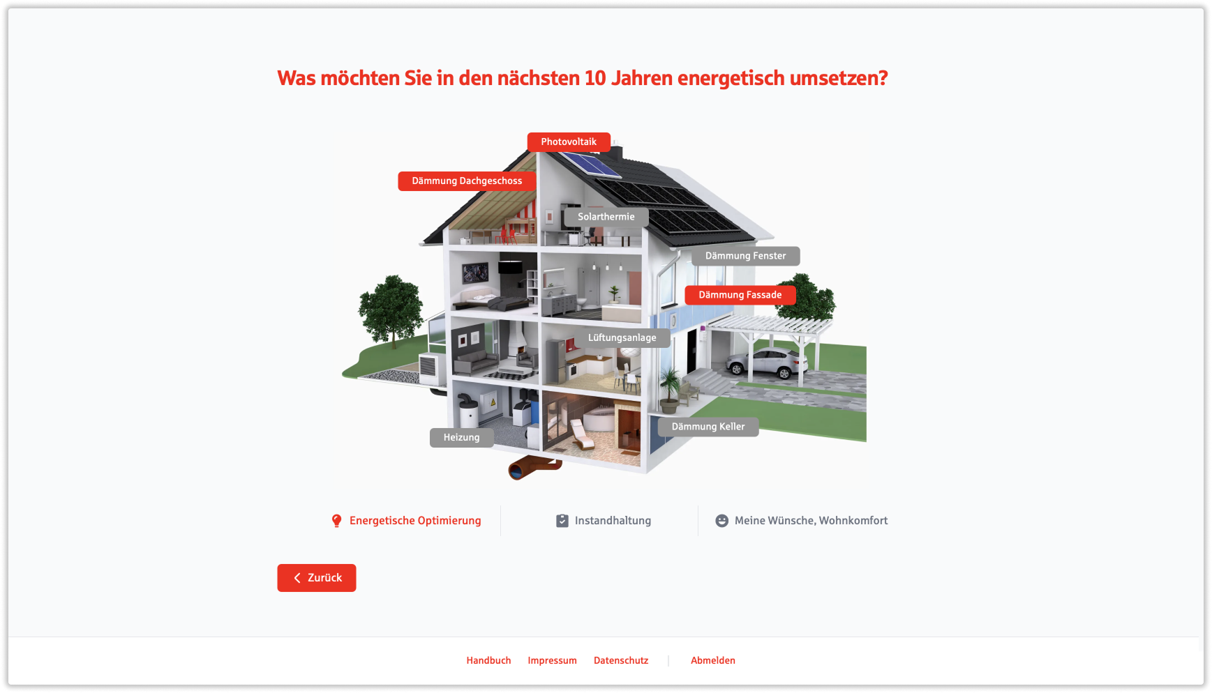 Startseite der Anwendung; zu sehen ist ein gerendertes 3D-Modell eines Hauses, man kann durch die offene Vorderseite ins innere der Zimmer blicken; über Buttons auf der Illustration kann man in die einzelnen Bereiche der Anwendung springen