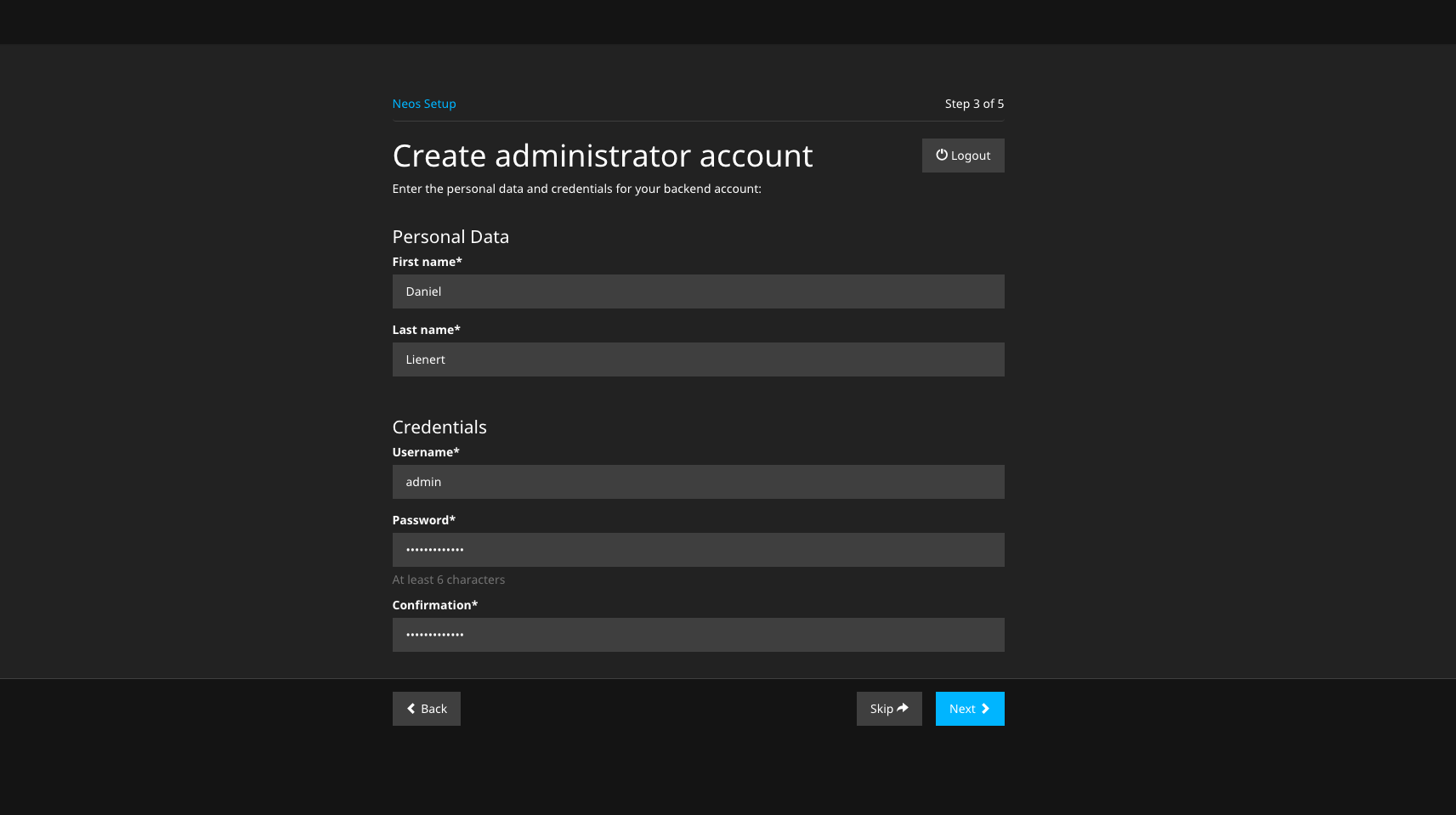 Schritt 3: Der erste Administrator Benutzer wird angelegt - ein Screenshot
