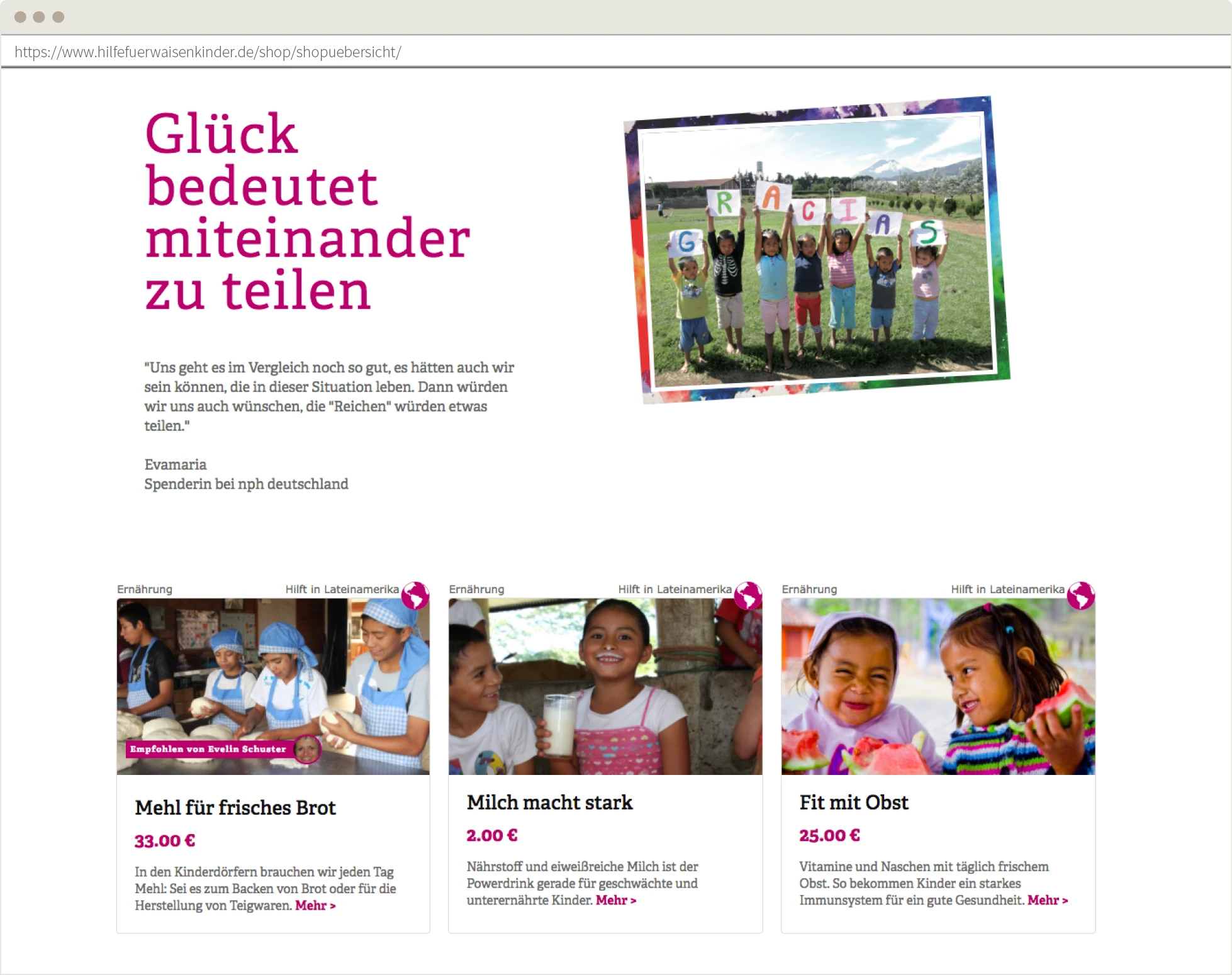 Beispielseite mit Produkten und Teaser-Text im nph Spendenshop auf TYPO3 und Aimeos-Basis.