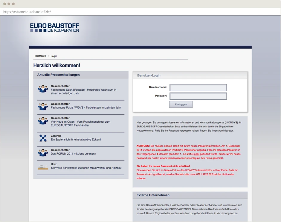 Startseite des Eurobaustoff Webportals
