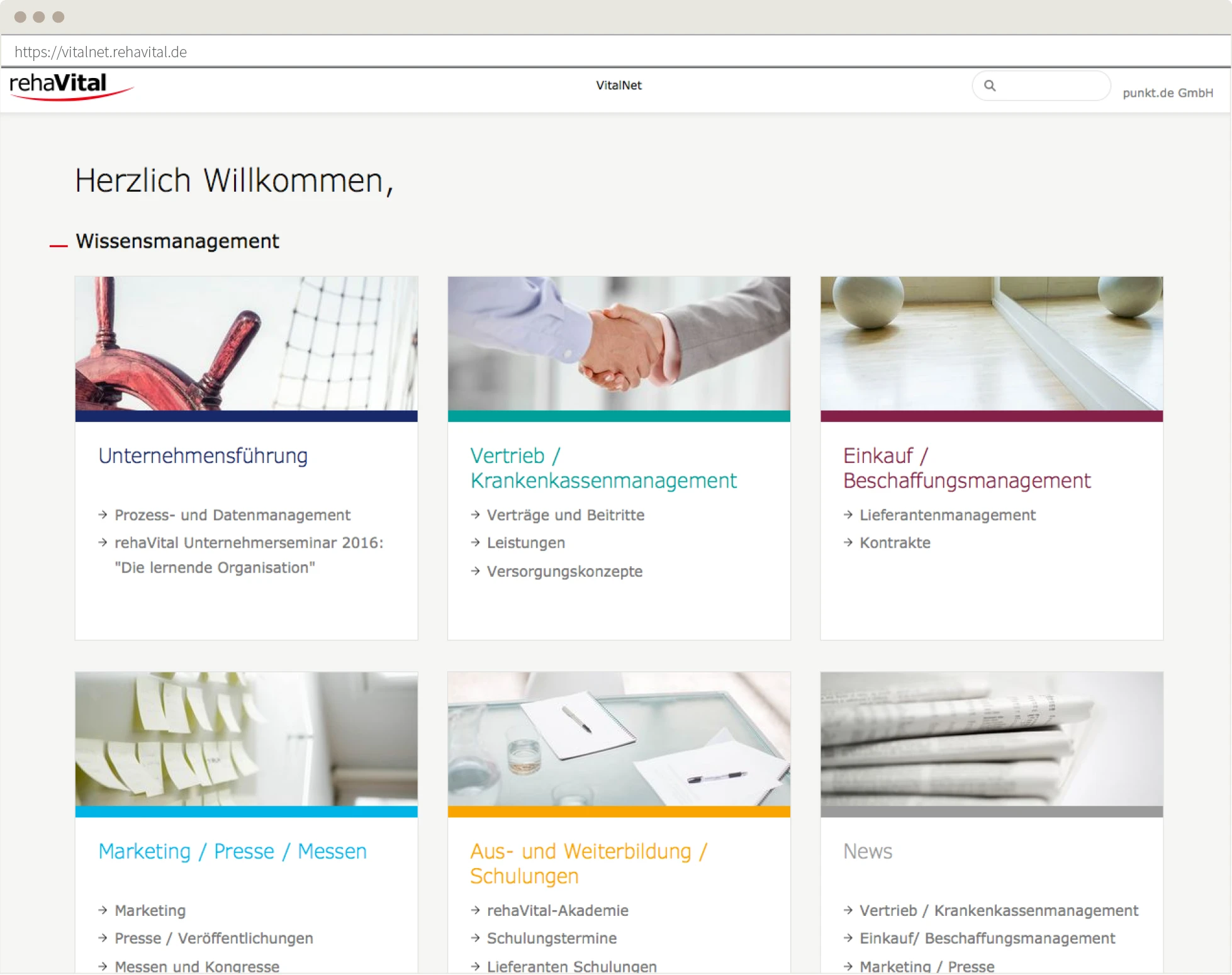Screenshot: Home page of the rehaVital intranet portal Vitalnet after the relaunch