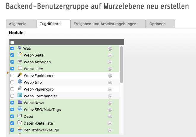 Backend-Benutzergruppe auf Wurzelebene neu erstellen Screenshot des TYPO3 Backendes mit Benutzergruppen