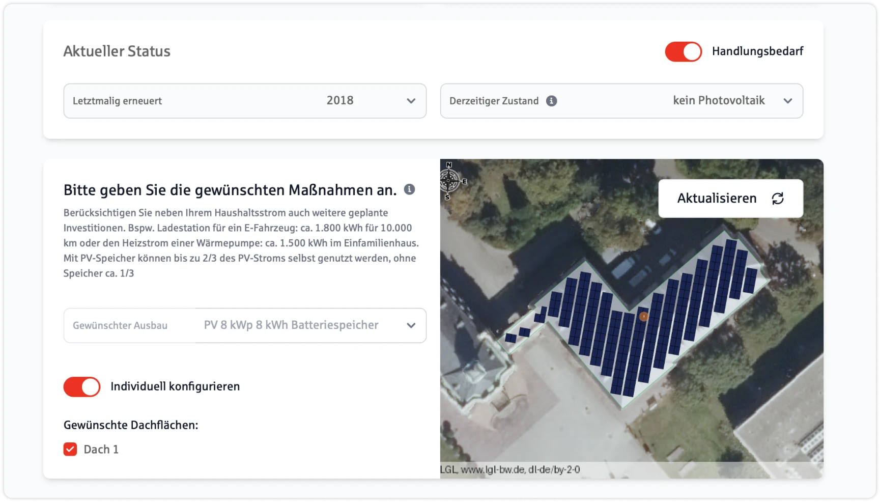 Anwendung Zu sehen ist ein Screenshot der Anwendung mit einem automatisch generierten Ansicht der Immobilie mit der konfigurierten Photovoltaik-Anlage