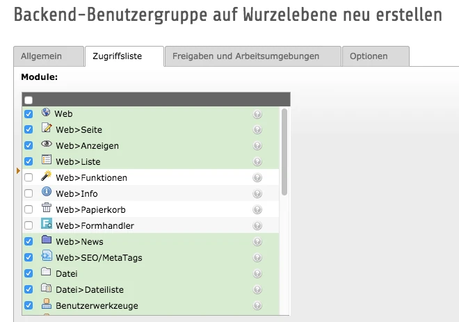 Screenshot des TYPO3 Backendes mit Benutzergruppen