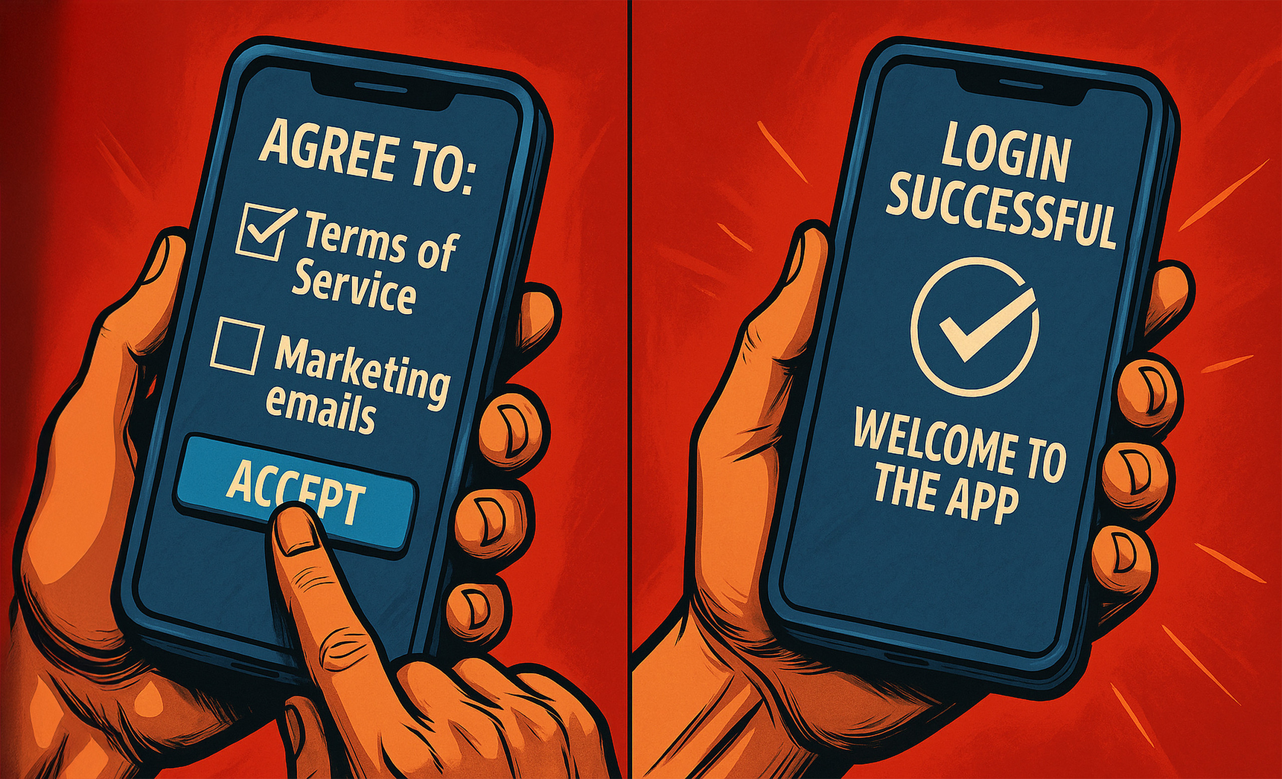 Smartphones im Comic-Stil. Man sieht die Annahme von AGBs und eine Erfolgsmeldung.