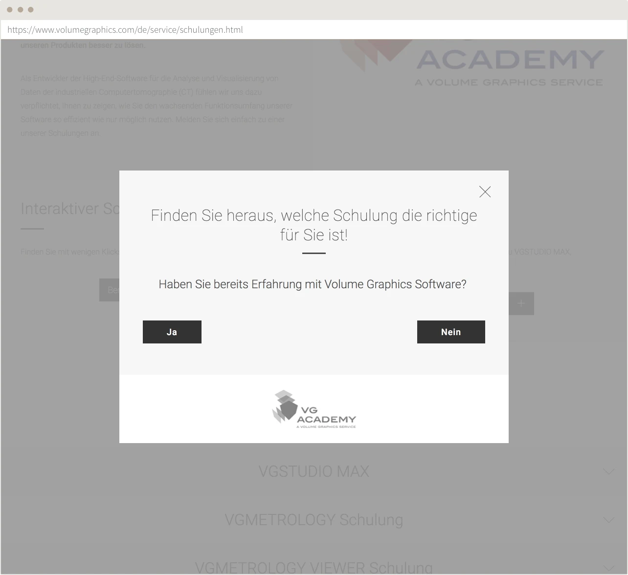 Screenshot der Volume Graphics Website: Schulungsfinder