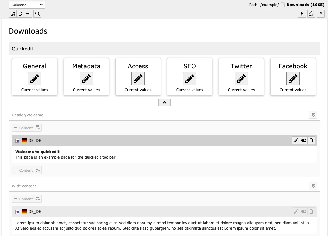 Toolbar auf der Standardseite