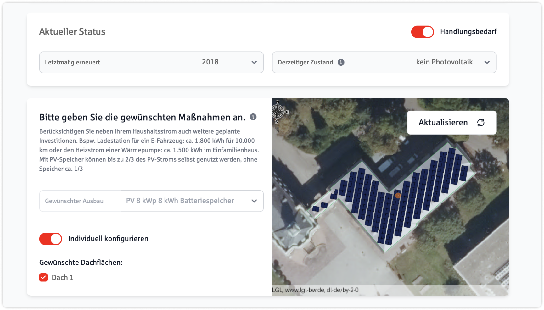 Zu sehen ist ein Screenshot der Anwendung mit einem automatisch generierten Ansicht der Immobilie mit der konfigurierten Photovoltaik-Anlage