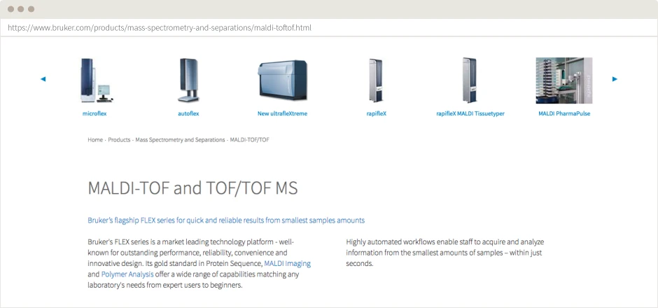 Screenshot Bruker.com: a complex database system is hidden behind the simply structured front-end view 