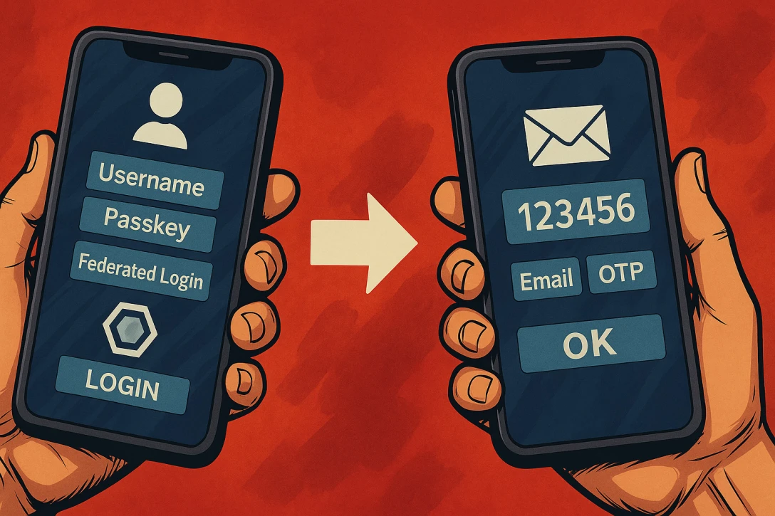 Smartphones im Comic-Stil. Login und Eingabe des OTP sind zu sehen