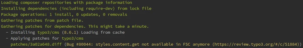 Anzeige im Terminal, der zeigt, wie beim Aufruf von composer install der Patch eingefügt wird