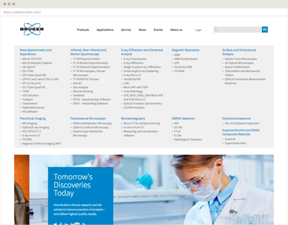 Bruker.com menu structure for multiple target groups