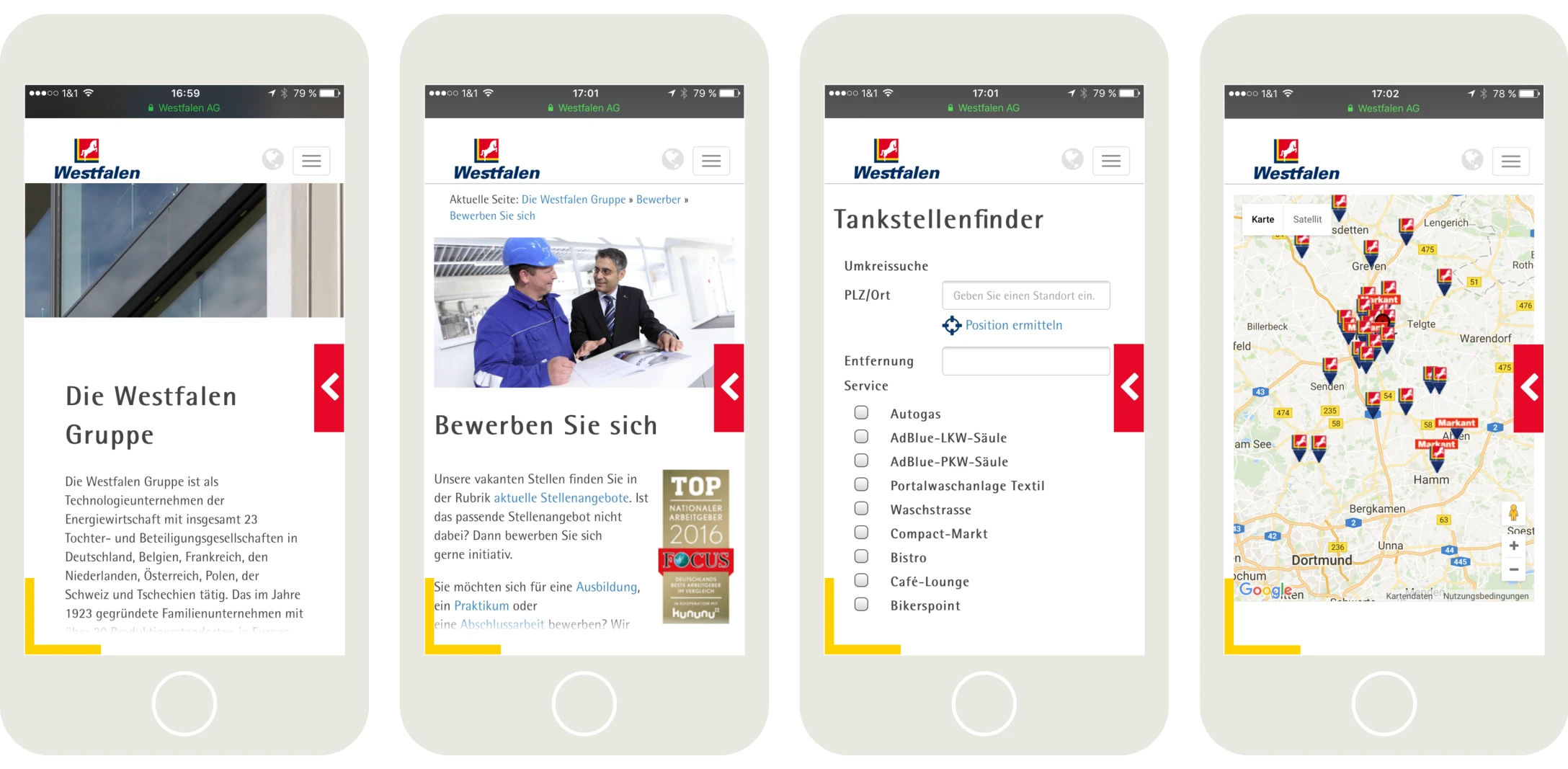 Die mobile Ansicht der Westfalen AG Webseite