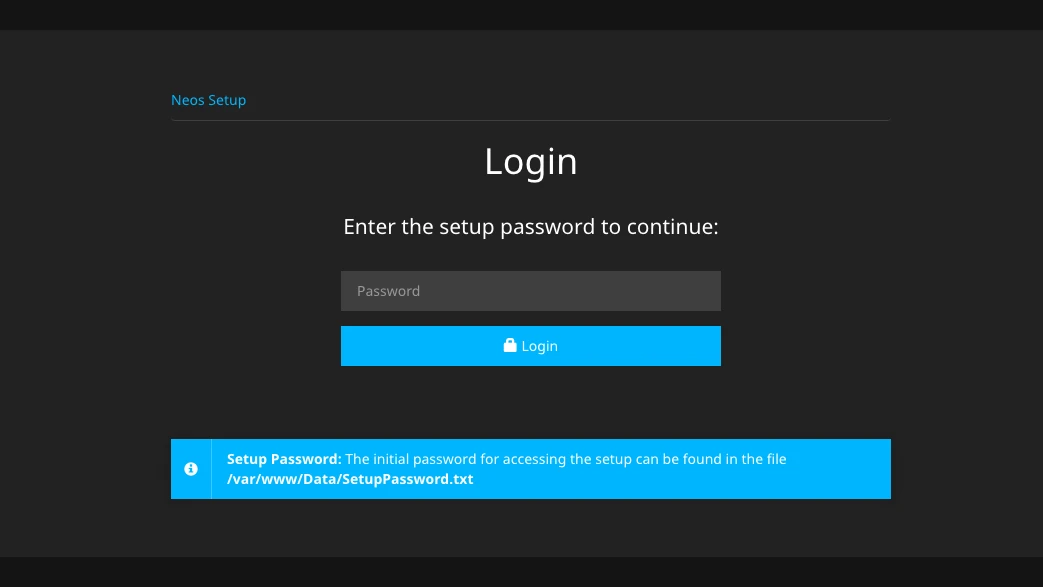 Screenshot der Passworteingabe zum Start des Neos Installationsprozesses