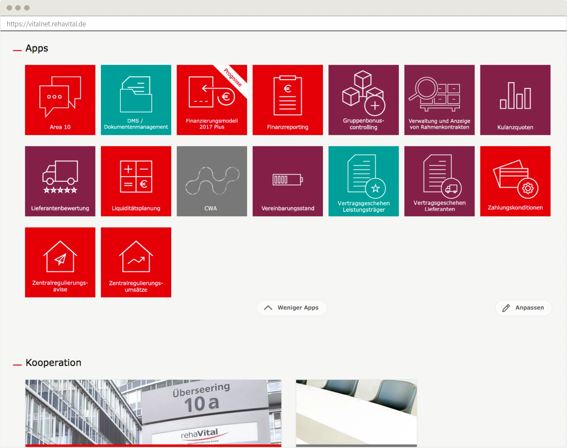 Screenshot: App diversity of the rehaVital intranet