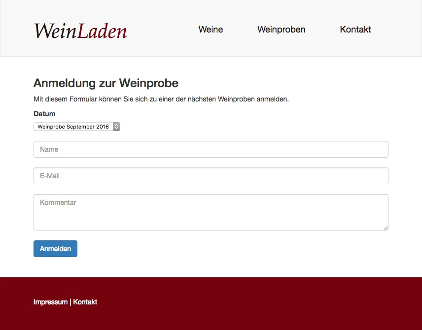 Screenshot des Online-Formulars für die Anmeldung zur Weinprobe