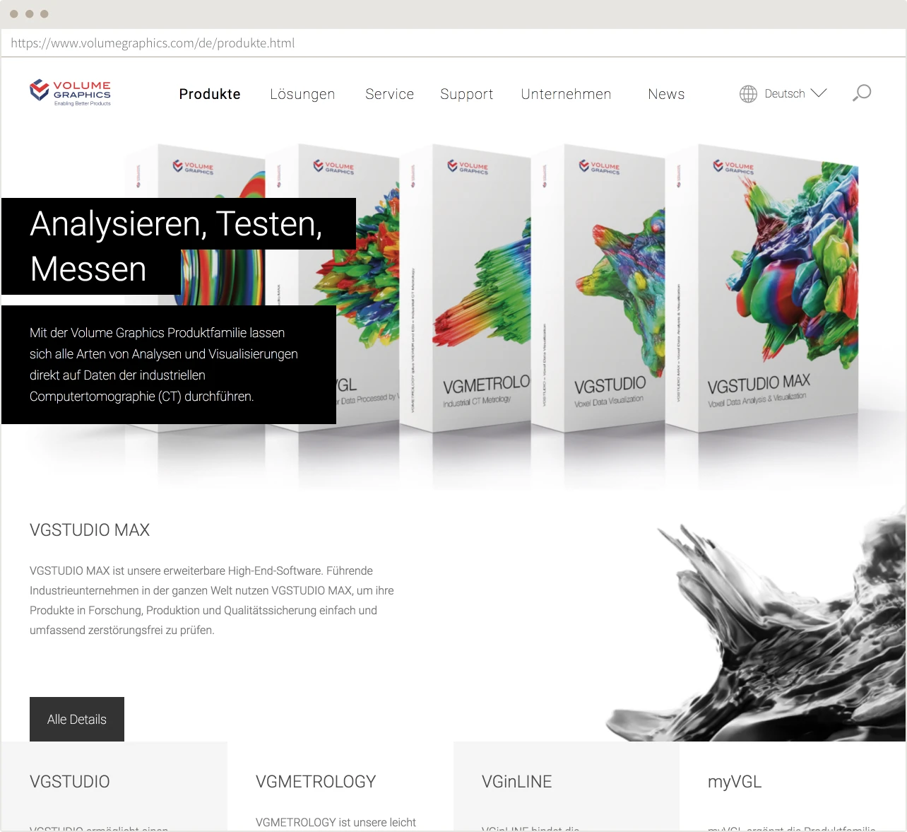 Screenshot der Volume Graphics Website mit Produktpalette von Volume Graphics