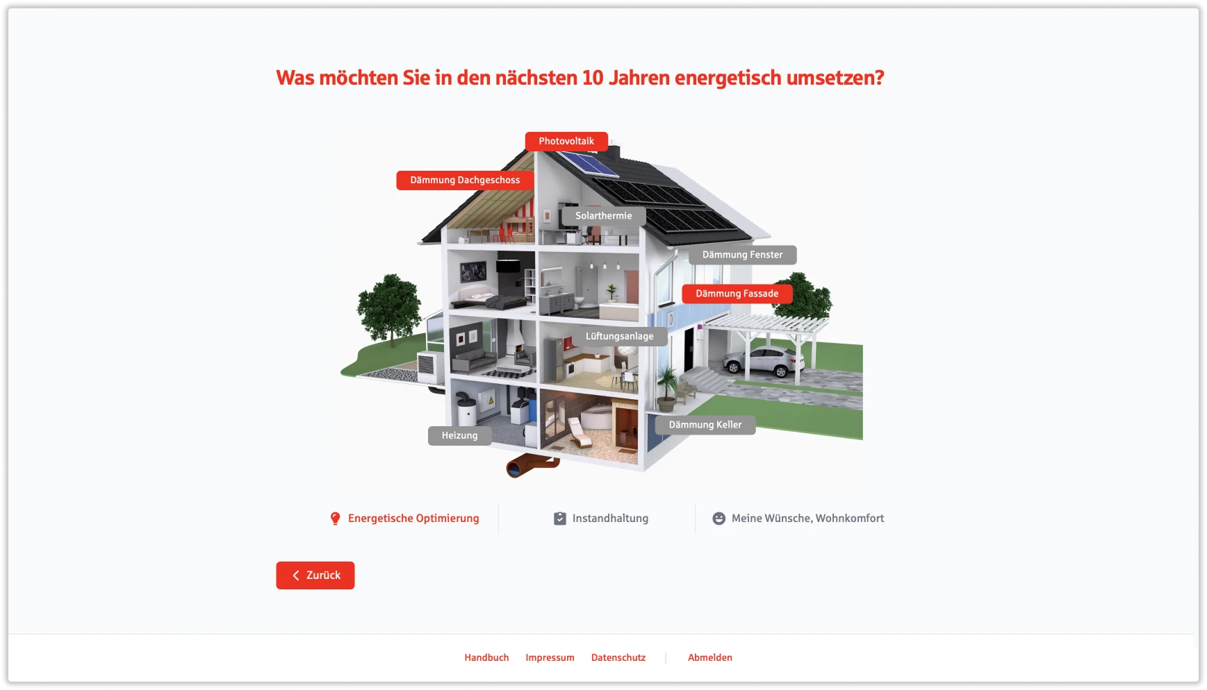 Startseite MOP-S Startseite der Anwendung; zu sehen ist ein gerendertes 3D-Modell eines Hauses, man kann durch die offene Vorderseite ins innere der Zimmer blicken; über Buttons auf der Illustration kann man in die einzelnen Bereiche der Anwendung springen