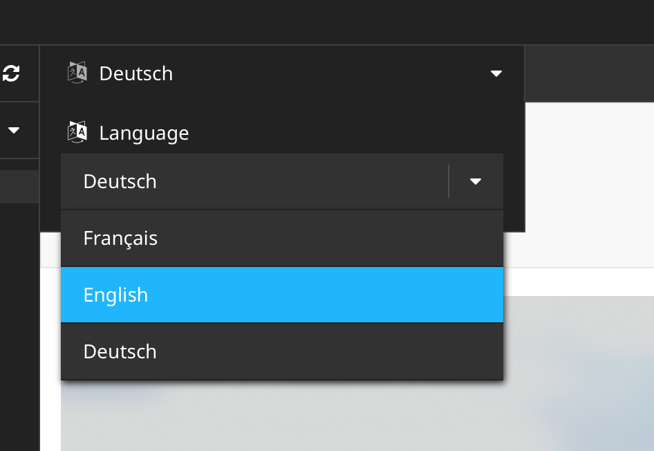 Sobald die Sprach-Dimension konfiguriert wurde, erscheint der Sprachwähler im oberen Panel. Dimension Selector