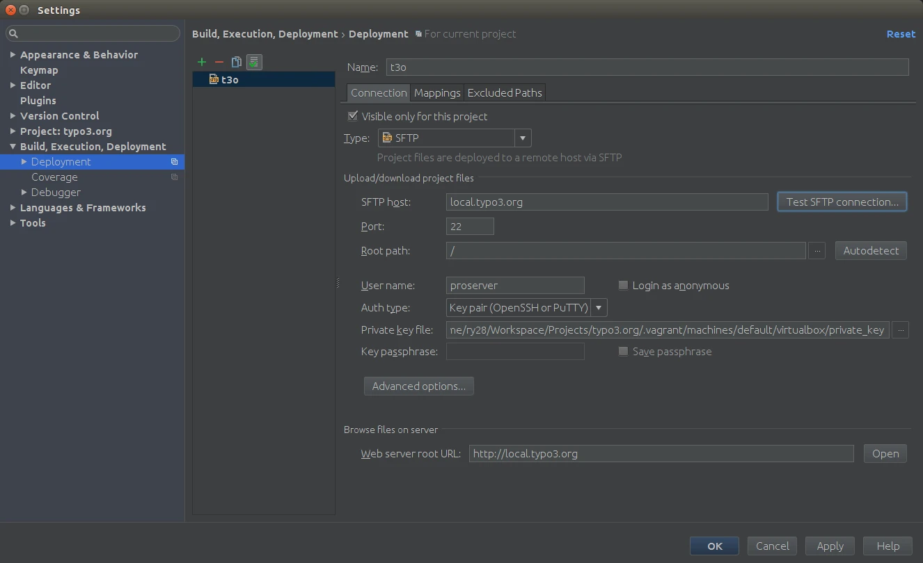 Screenshot des Settings der typo3.org Entwicklerbox: Deployment Konfiguration