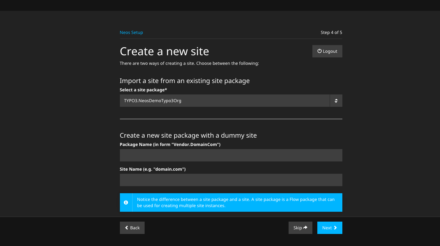 Schritt 4: Importieren oder Erstellen eines Site Packages - ein Screenshot