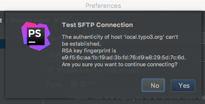 typo3.org Entwicklerbox: SFTP-Verbindung testen Screenshot der Aufforderung, die SFTP-Verbindung zu testen