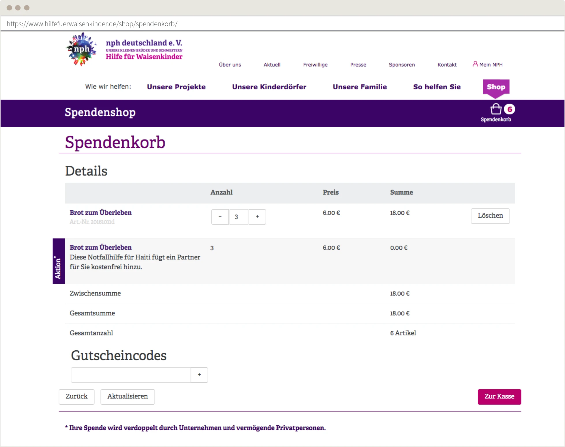Der Spendenkorb mit Zusatzfunktionen wie der Verdoppelung von Spenden. 