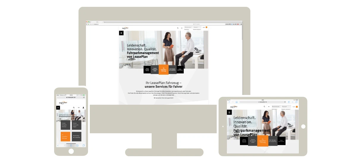 Abbild des Webdesigns von LeasePlan auf Desktop, Tablet und Smartphone