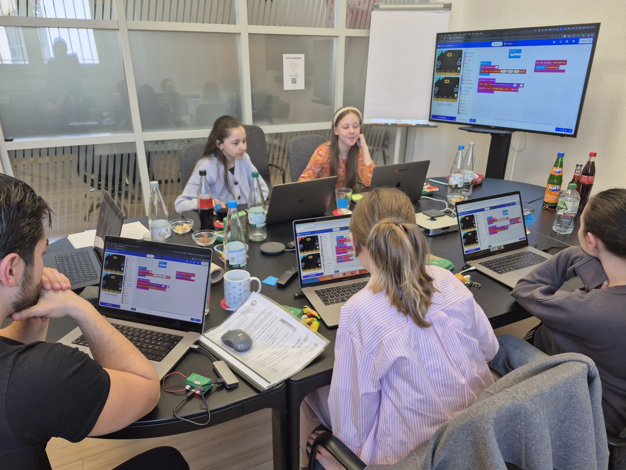 Eine Gruppe Mädchen sitzt in einem Meetingraum zusammen. Alle haben je ein Notebook vor sich stehen, mit denen sie die Microcontroller bedienen.