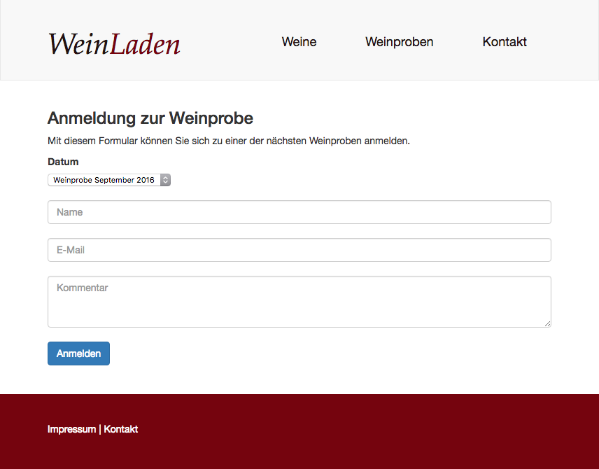 Anmeldung zur Weinprobe Screenshot des Online-Formulars für die Anmeldung zur Weinprobe
